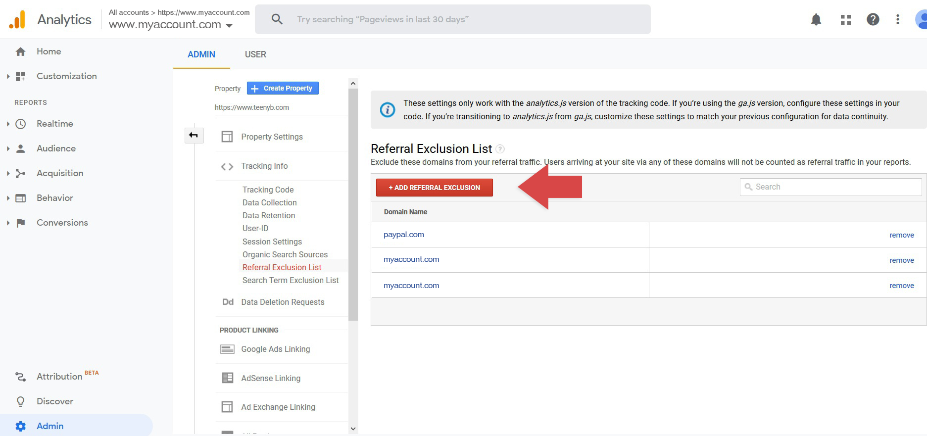 Click the Add Referral Exclusion