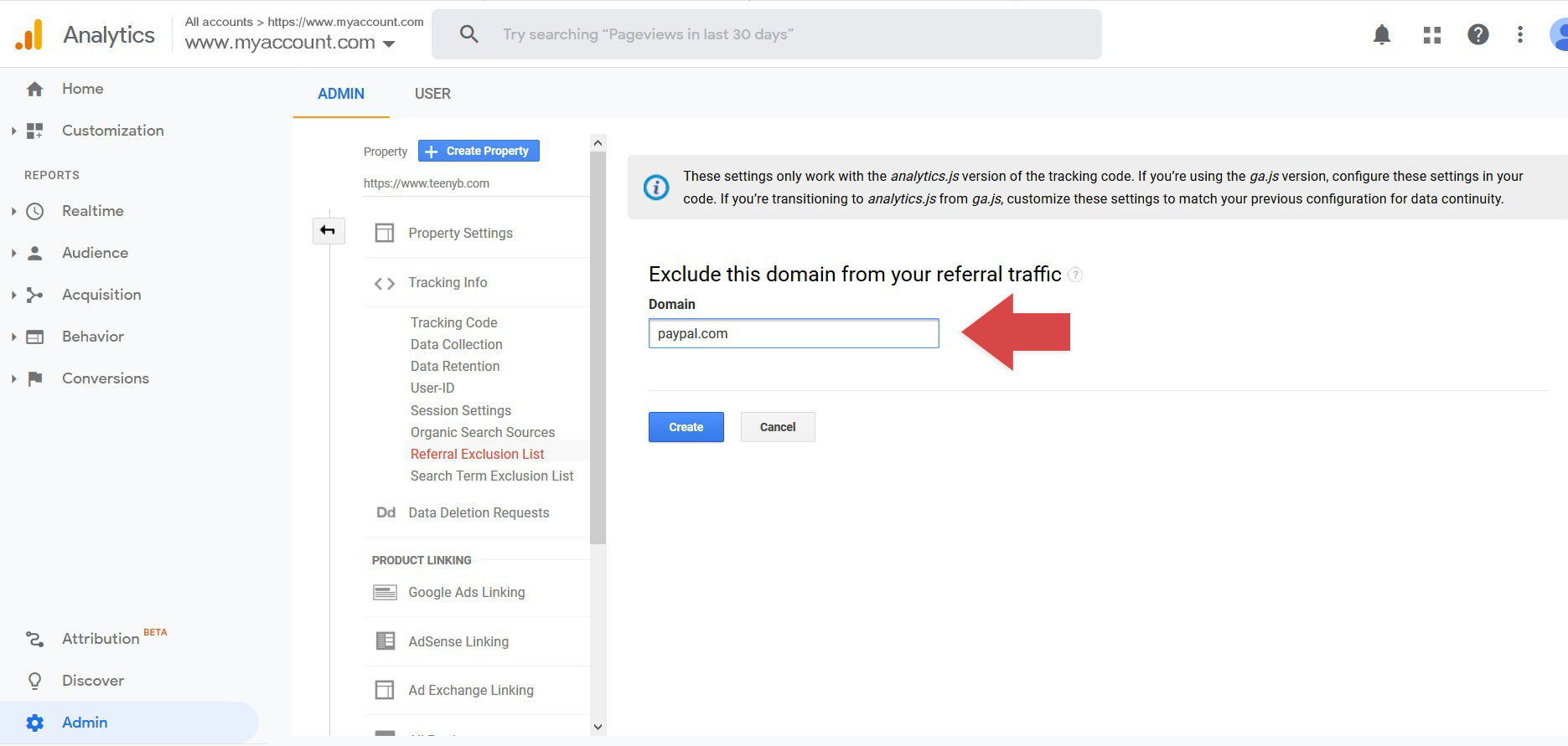 Add paypal.com to the blank field and click the Create button